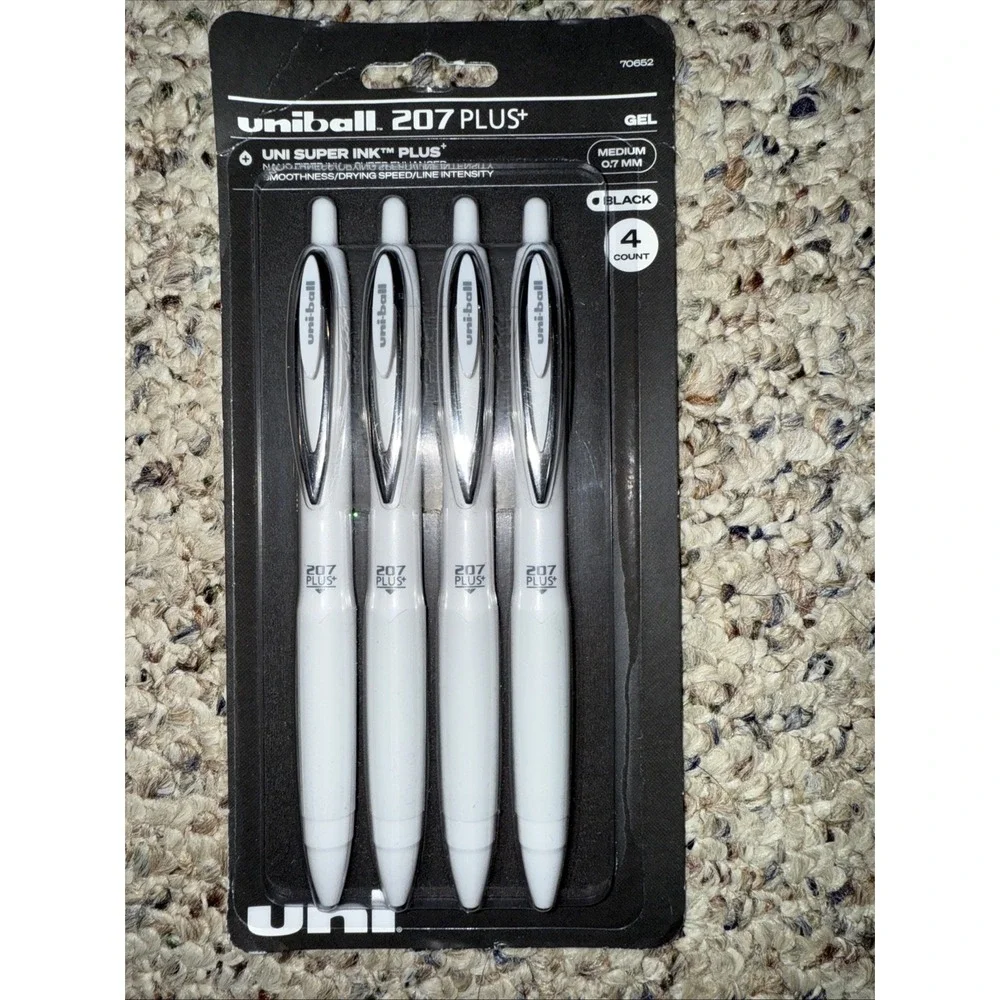 Uniball 207 Plus+ Retractable Gel Pens 0.7mm Medium - Black Ink - White‎ Barrels